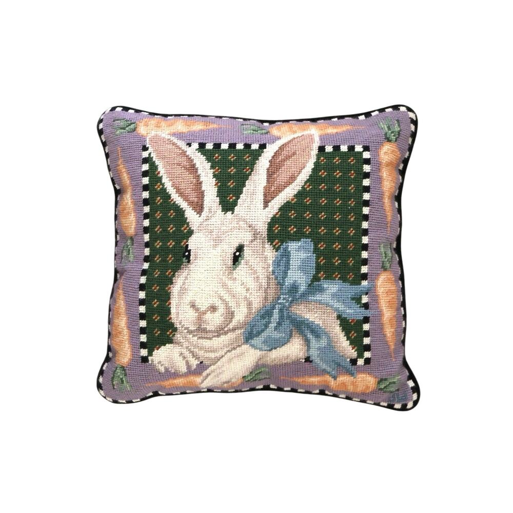 Vintage Through The Looking Glass Bunny Rabbit Carrots Wool Needlepoint Pillow